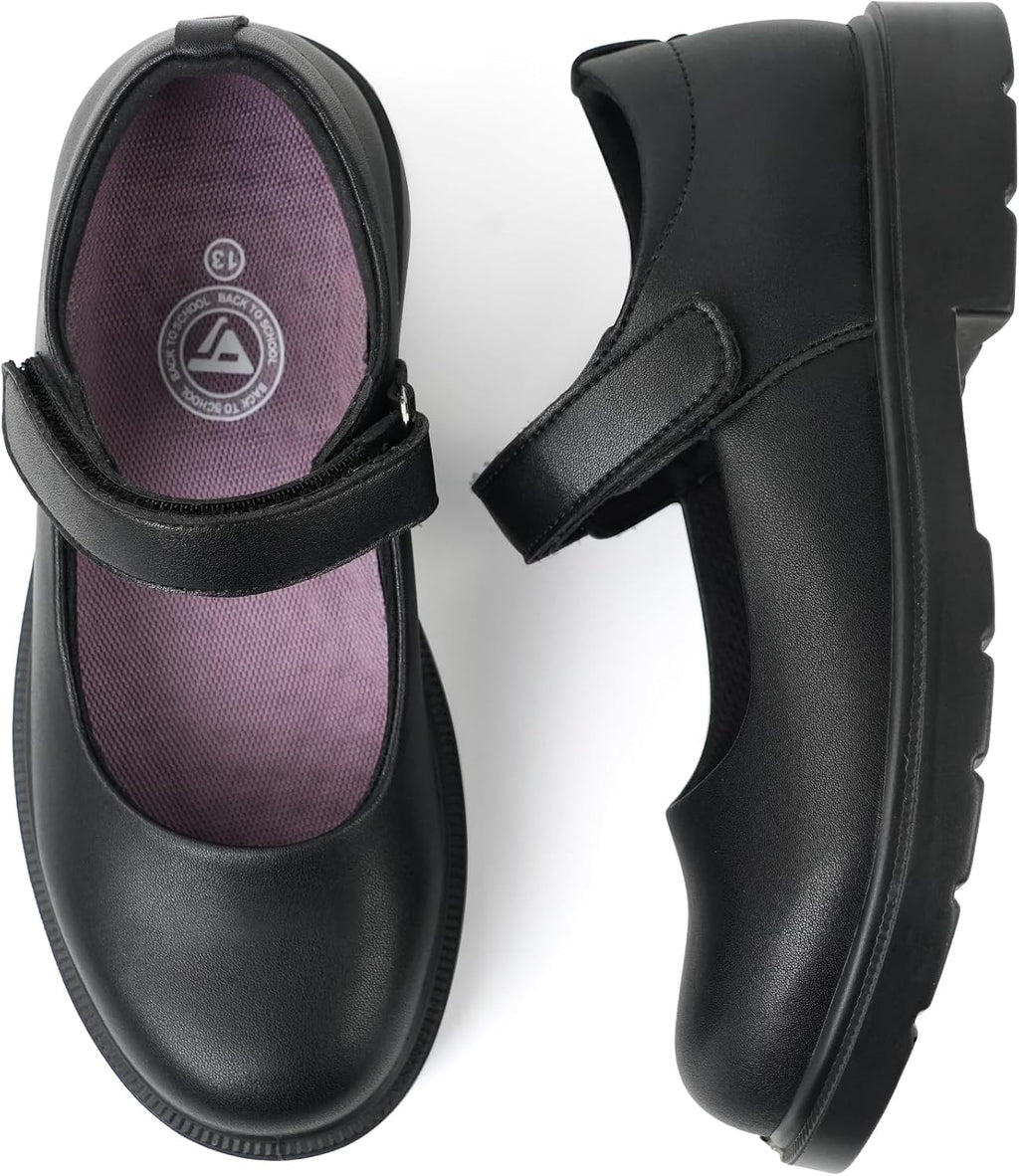 Girls Mary Jane School Dress Shoes Hook Loop Strap Non-Marking Sole for Everyday and Parties