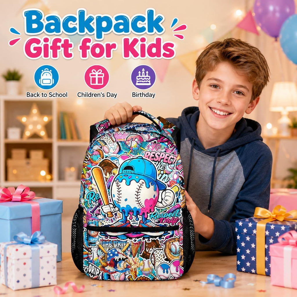 Kids Backpack for Boys Baseball Drip Backpacks for Kids Teens Team, Lightweight Large Capacity Cool Back to School