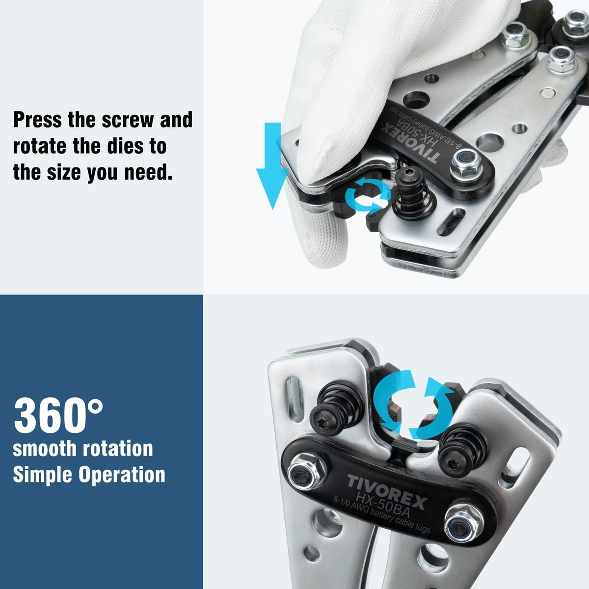 Tivorex Battery Cable Crimper for AWG 8-1/0 Copper Lugs, Ring Terminals