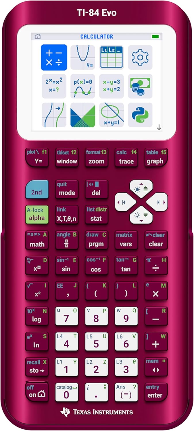TI-84 Evo Graphing Calculator Texas Instruments, Raspberry | Intuitive Icon-based Homescreen, USB-C Charging, Python