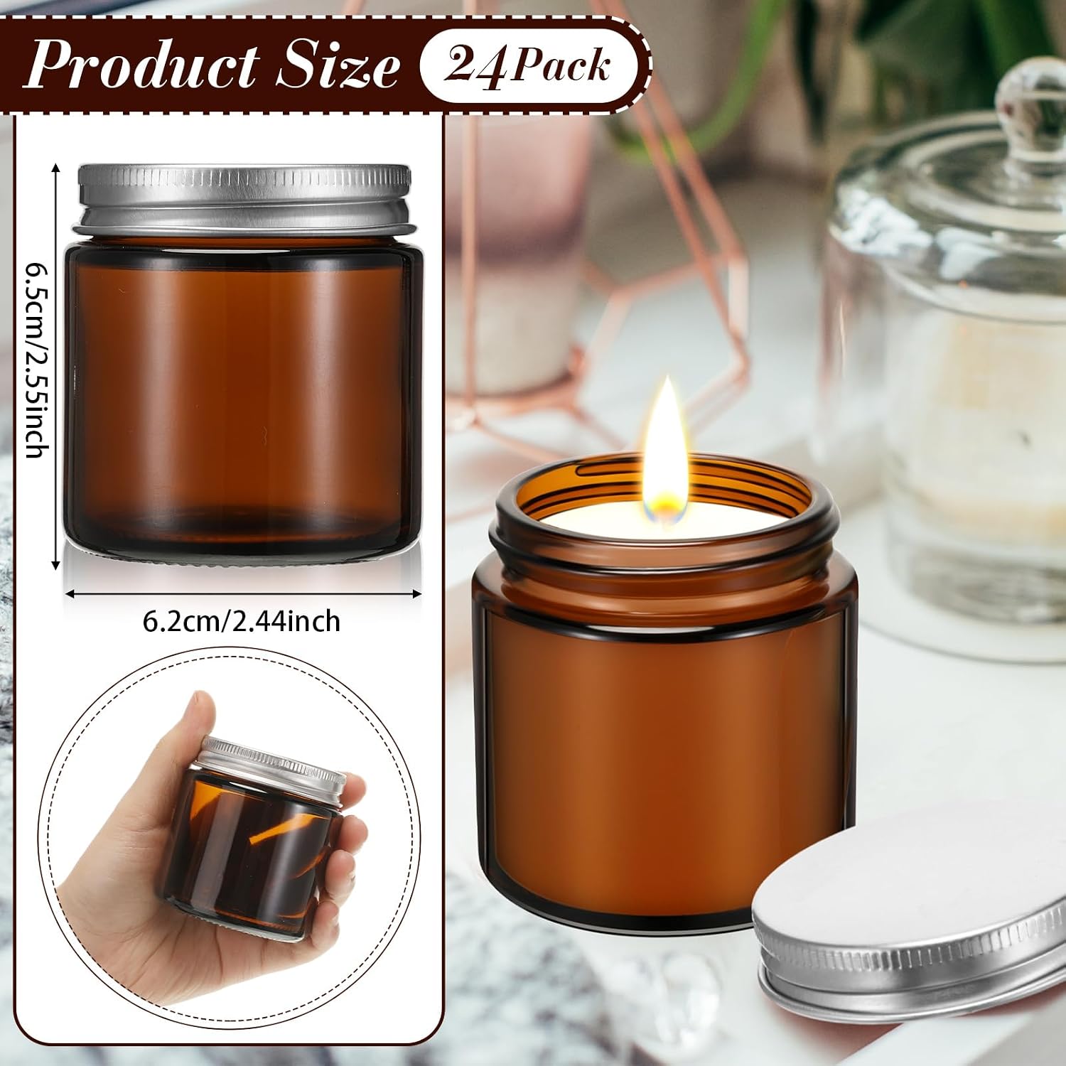 24 Pcs Glass Candle Jars with Lids Bulk, Round Empty Candle Container Tins, Dishwasher Safe and Leakproof DIY