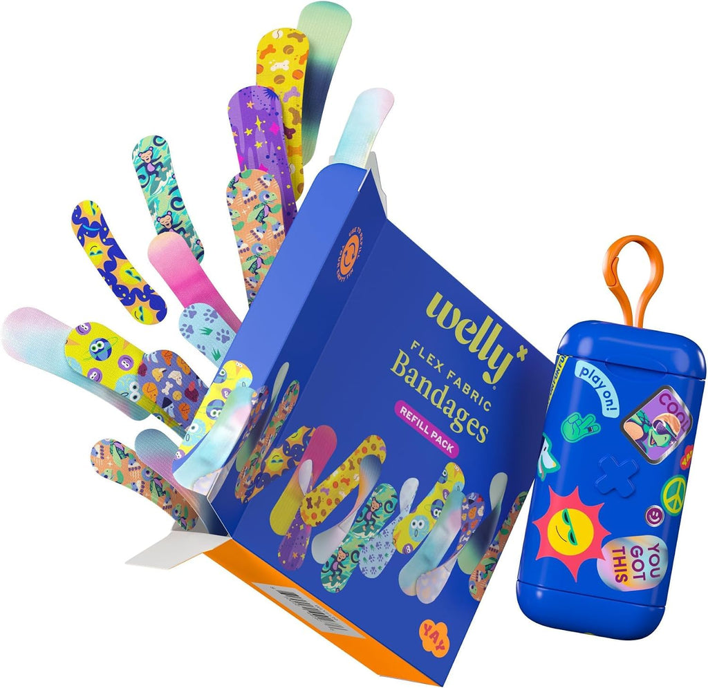 Bandage Clip N' Go Tin & Refill Pack | Adhesive Flexible Fabric Bandages and Tin | Assorted Shapes and Patterns for