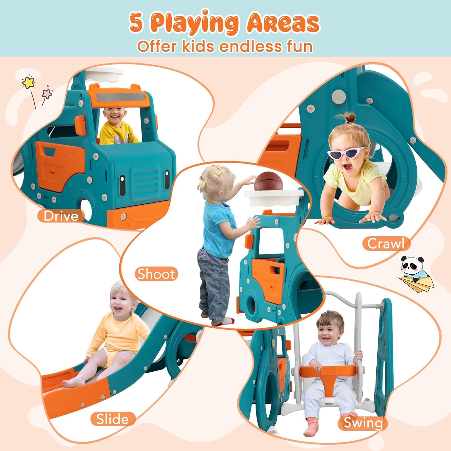 6 in 1 Toddler Slide and Swing Set, Mini Bus Indoor Outdoor Baby Swing with Basketball Hoop, Crawling Tunnel, Kids