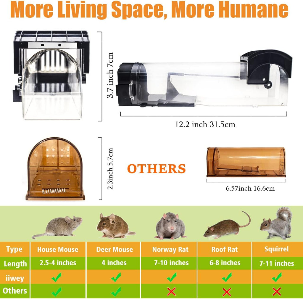 Humane Mouse Traps, 12 inches Enlarged No Kill Rat Live Traps for Chipmunks, Reusable Catch and Release Mice, Pet and