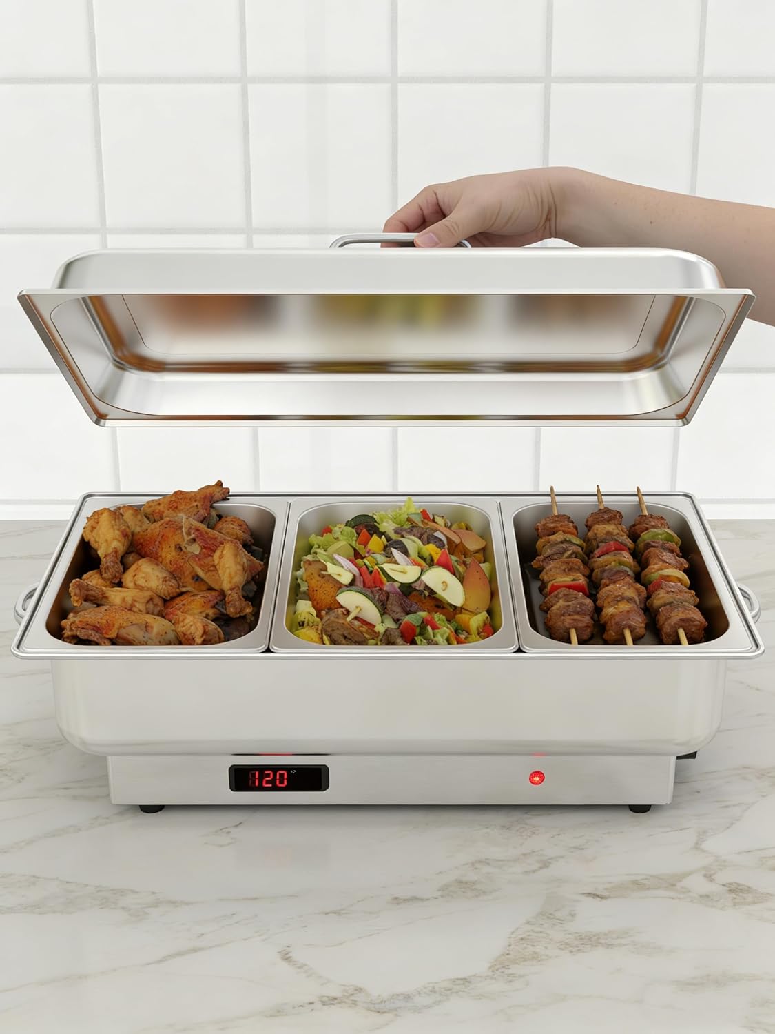 Electric Chafing Dish Buffet Set, 3 x 3 QT Food Warmers | Stainless Steel 600W Digital Display Temperature Control