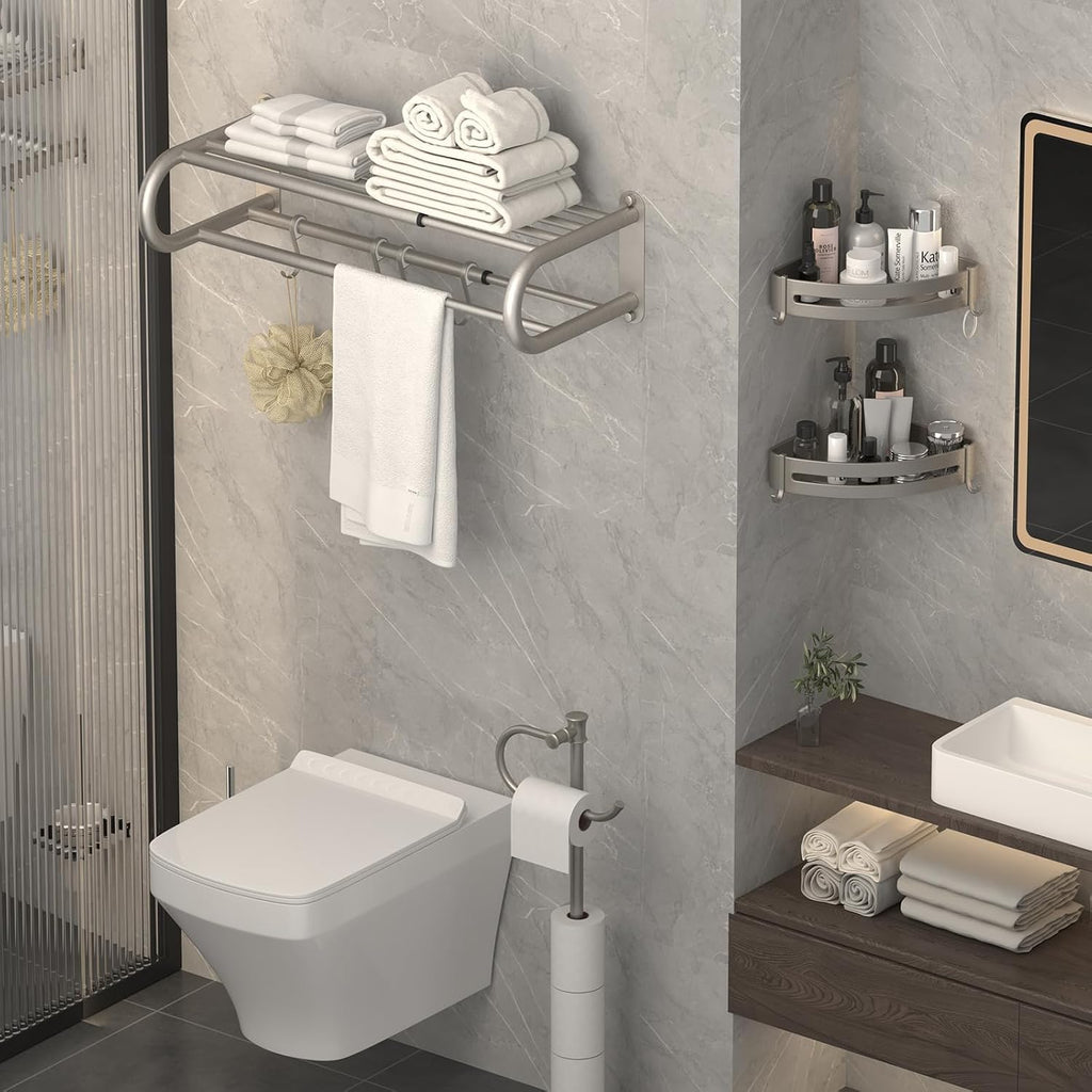Adjustable 15-25 Inch Towel Rack with Shelf for Bathroom and Lavatory Towel Shelf Double Towel Bar Rod 4 Hooks Wall