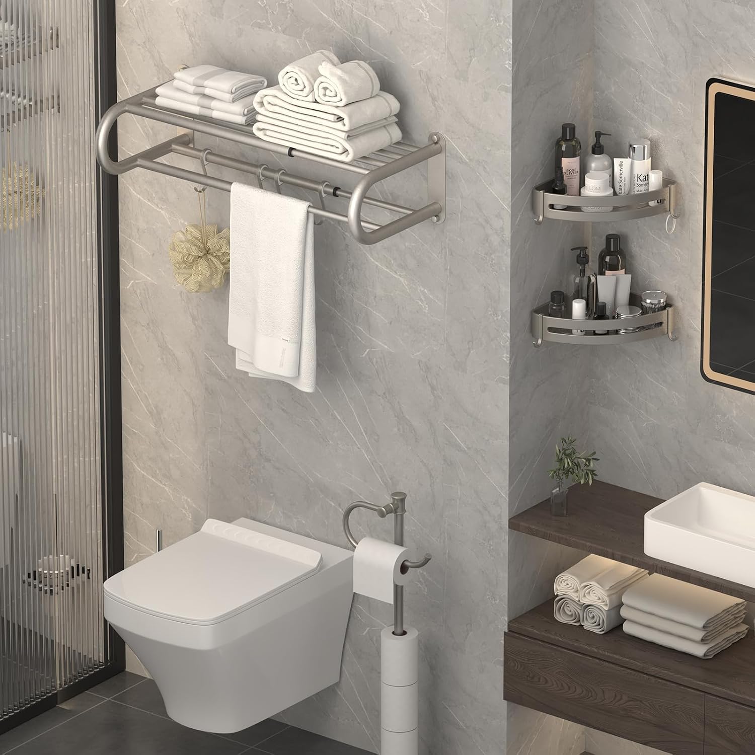 Adjustable 15-25 Inch Towel Rack with Shelf for Bathroom and Lavatory Towel Shelf Double Towel Bar Rod 4 Hooks Wall