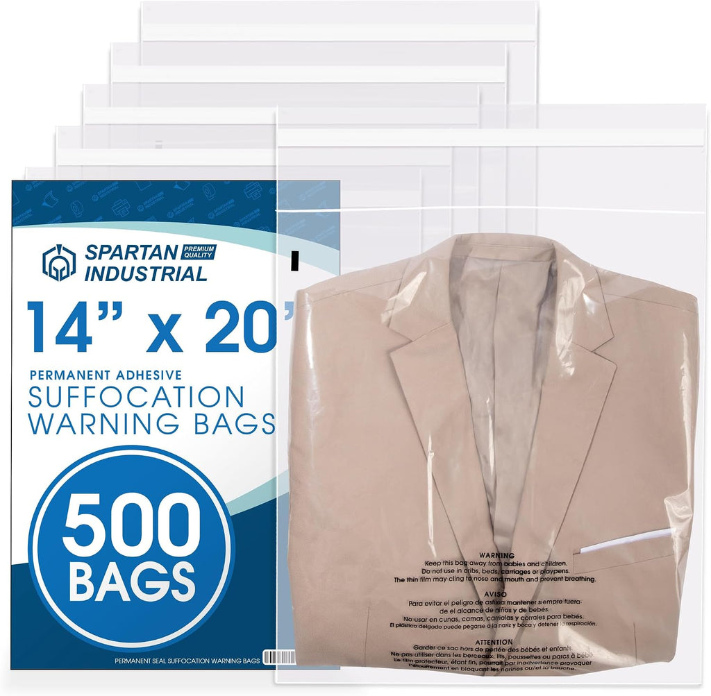 14" X 20" (500 Count) Self Seal Clear Poly Bags with Suffocation Warning