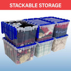 KeepBox 12 Gal Storage Box, Lid Attached, Stackable, Clear/Blue