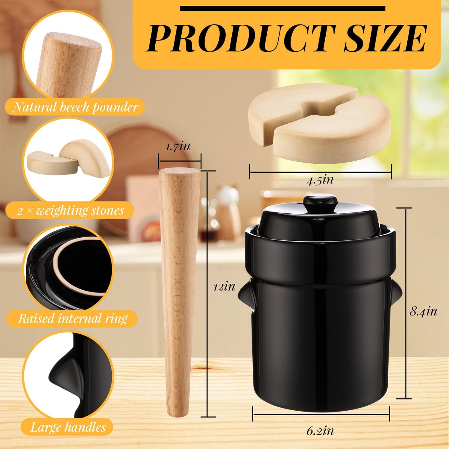 2 Set 1/2 Gallon Fermentation Crock Sauerkraut Crock with Lid Weights & Pounder Ceramic Fermenting Jar Brown