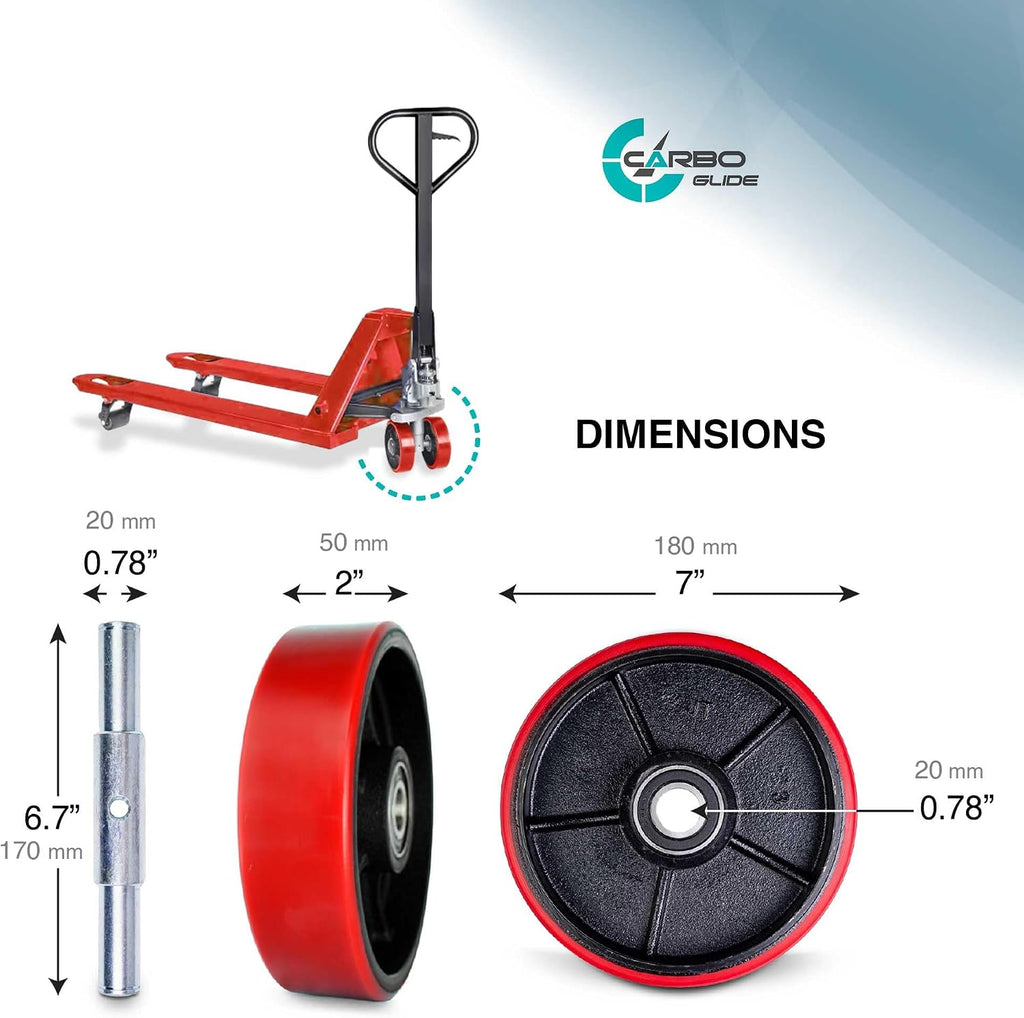 Pallet Jack/Truck Steering Wheels Set with Axle, Fasteners and Protective Caps (4 pcs) 7" x 2" with Bearings ID 20mm