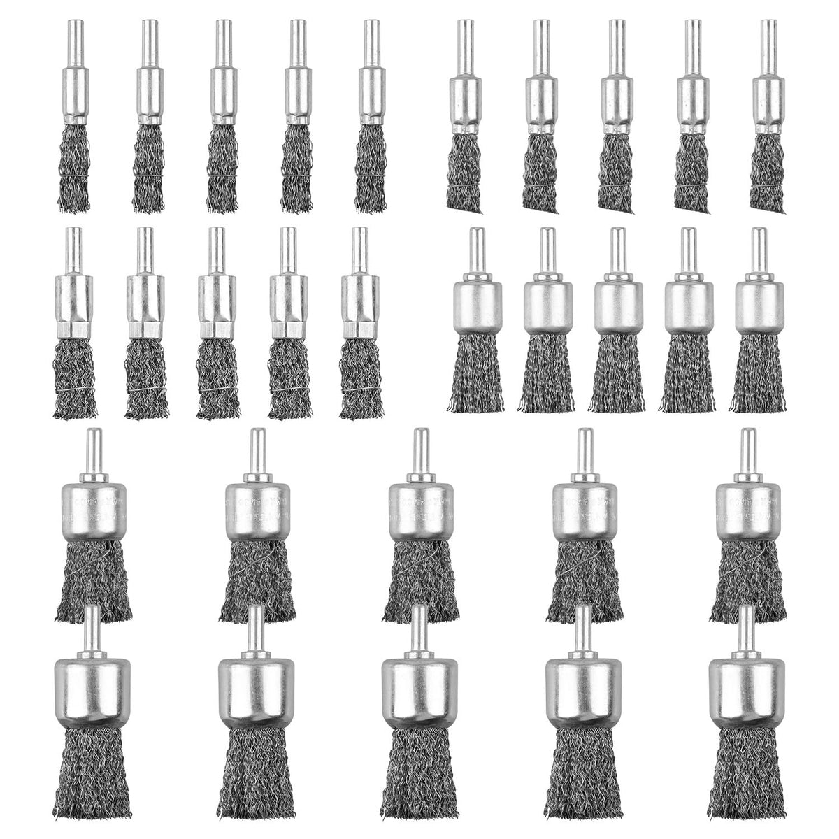 Mixiflor 30 Pack Wire End Brush Set, 6 Sizes 0.012" Crimped Carbon Steel Wire Wheel Drill with 1/4 Inch Hex Shank