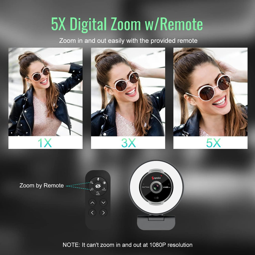 Streaming Webcam with Microphone, USB 1080P Web Cam w/Ring Light | Remote Control, 1080P@60FPS, 5X Digital Zoom