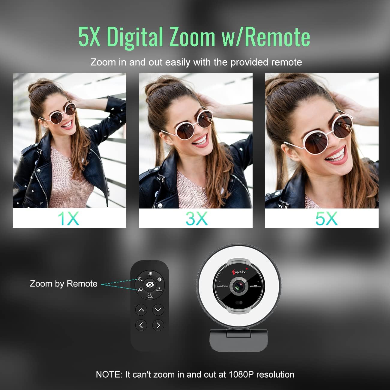 Streaming Webcam with Microphone, USB 1080P Web Cam w/Ring Light | Remote Control, 1080P@60FPS, 5X Digital Zoom
