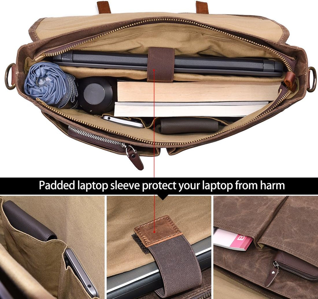 Mens Messenger Bag 15.6 Inch Waterproof Vintage Genuine Leather Waxed Canvas Briefcase Large Leather Computer Laptop
