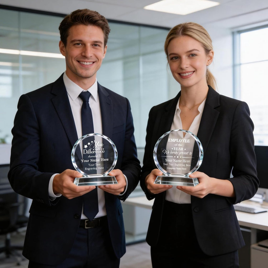 Custom Crystal Trophy Award, Personalized Awards and Trophies, Plaque Engraved w/Logo Text, Employee Recognition