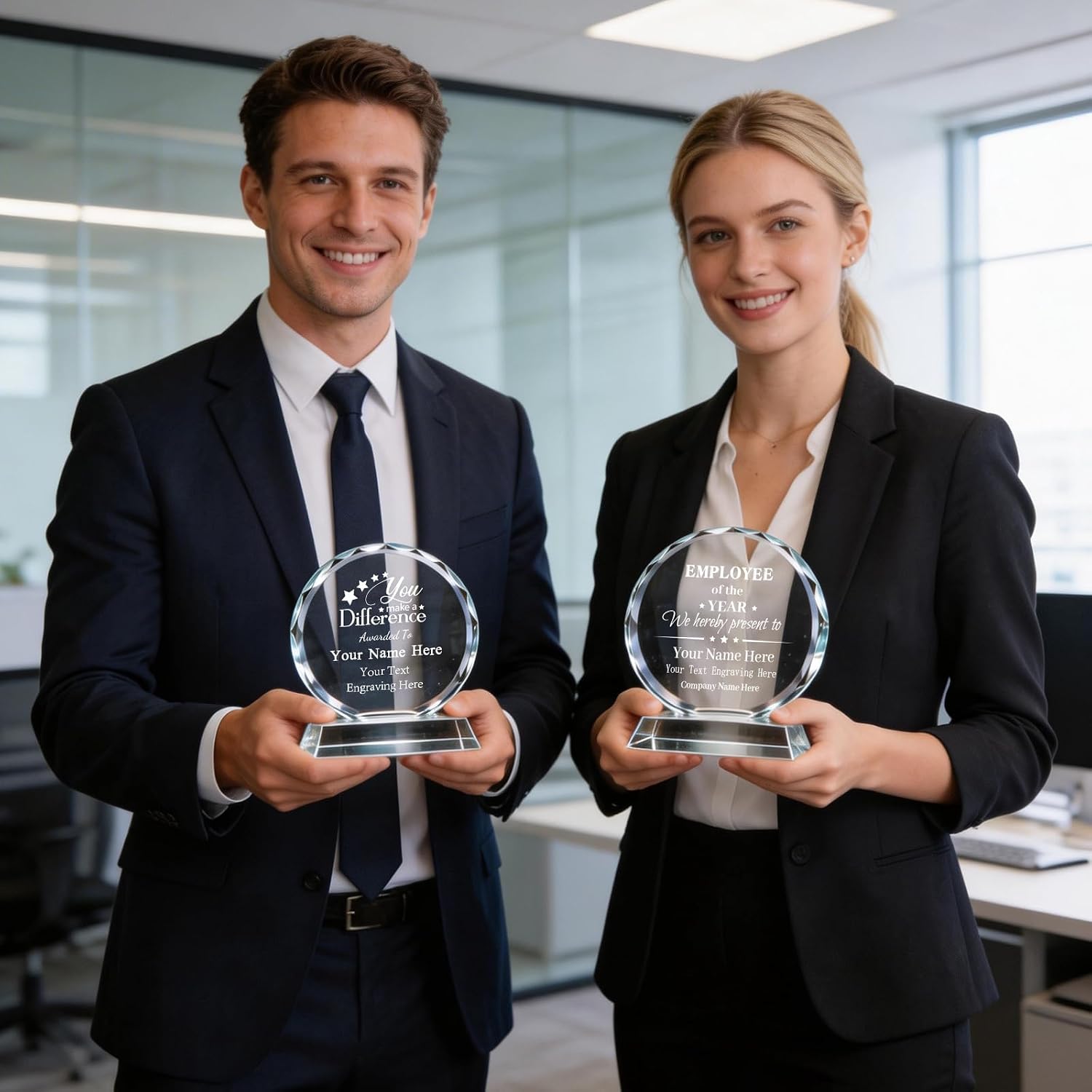 Custom Crystal Trophy Award, Personalized Awards and Trophies, Plaque Engraved w/Logo Text, Employee Recognition