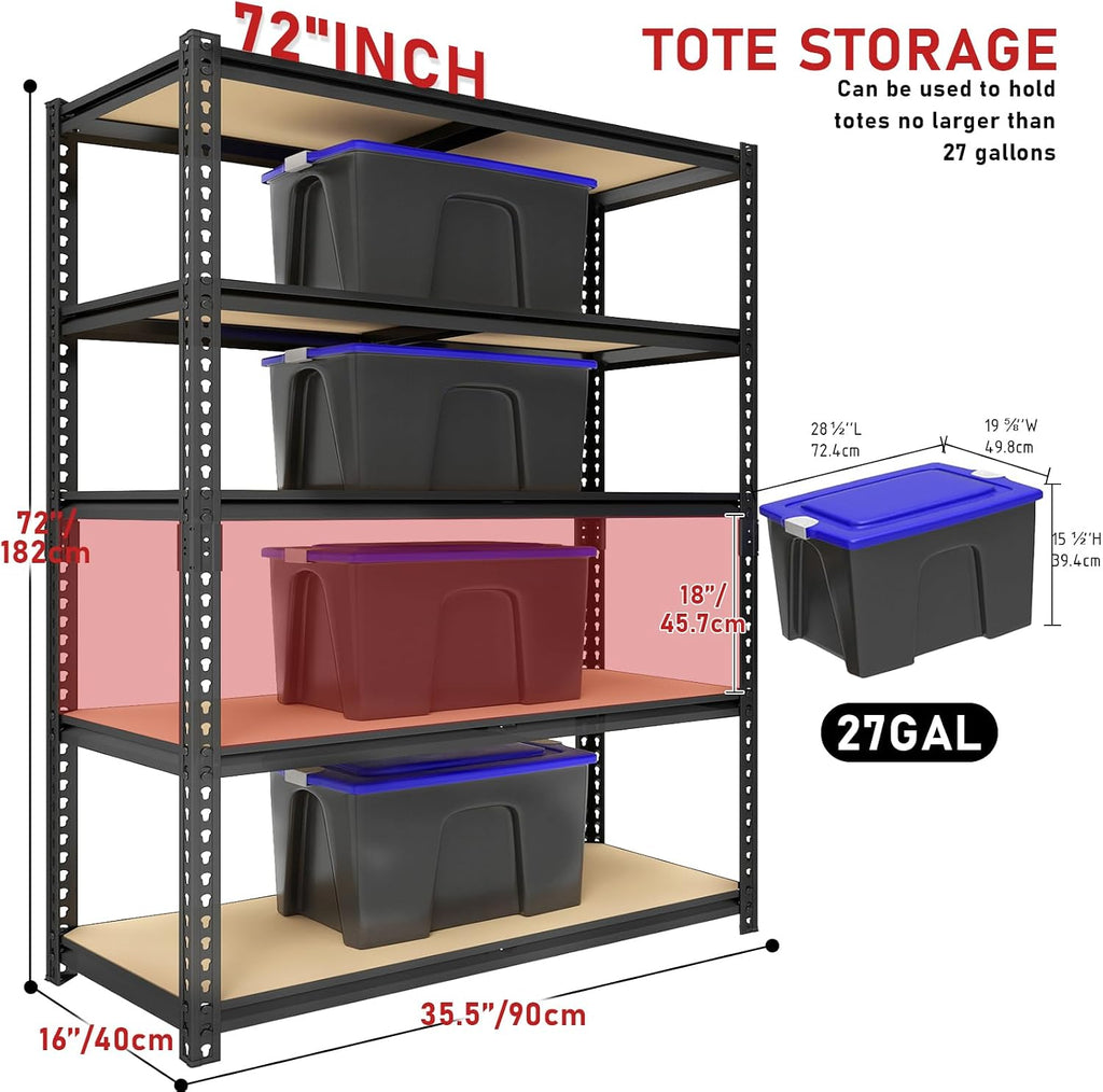 72" H Heavy Duty Garage Shelving, 2400LBS Capacity 5-Tier Storage Shelves,Adjustable Industrial Metal Garage Shelves