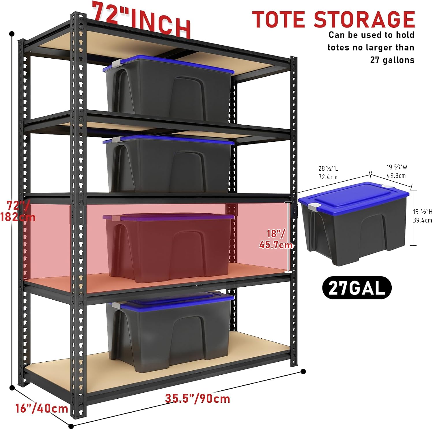 72" H Heavy Duty Garage Shelving, 2400LBS Capacity 5-Tier Storage Shelves,Adjustable Industrial Metal Garage Shelves