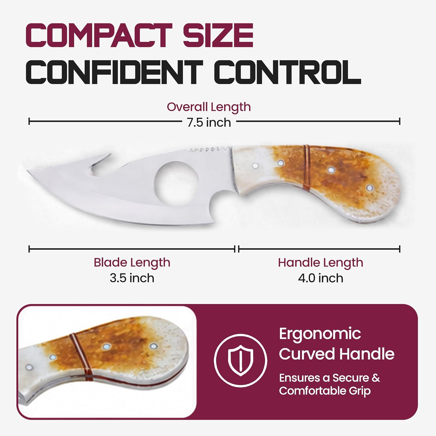 Full Tang Hunting Knife with Bone Handle | Fixed Blade Knife with Gut Hook | Skinning Knife for Camping, Outdoor