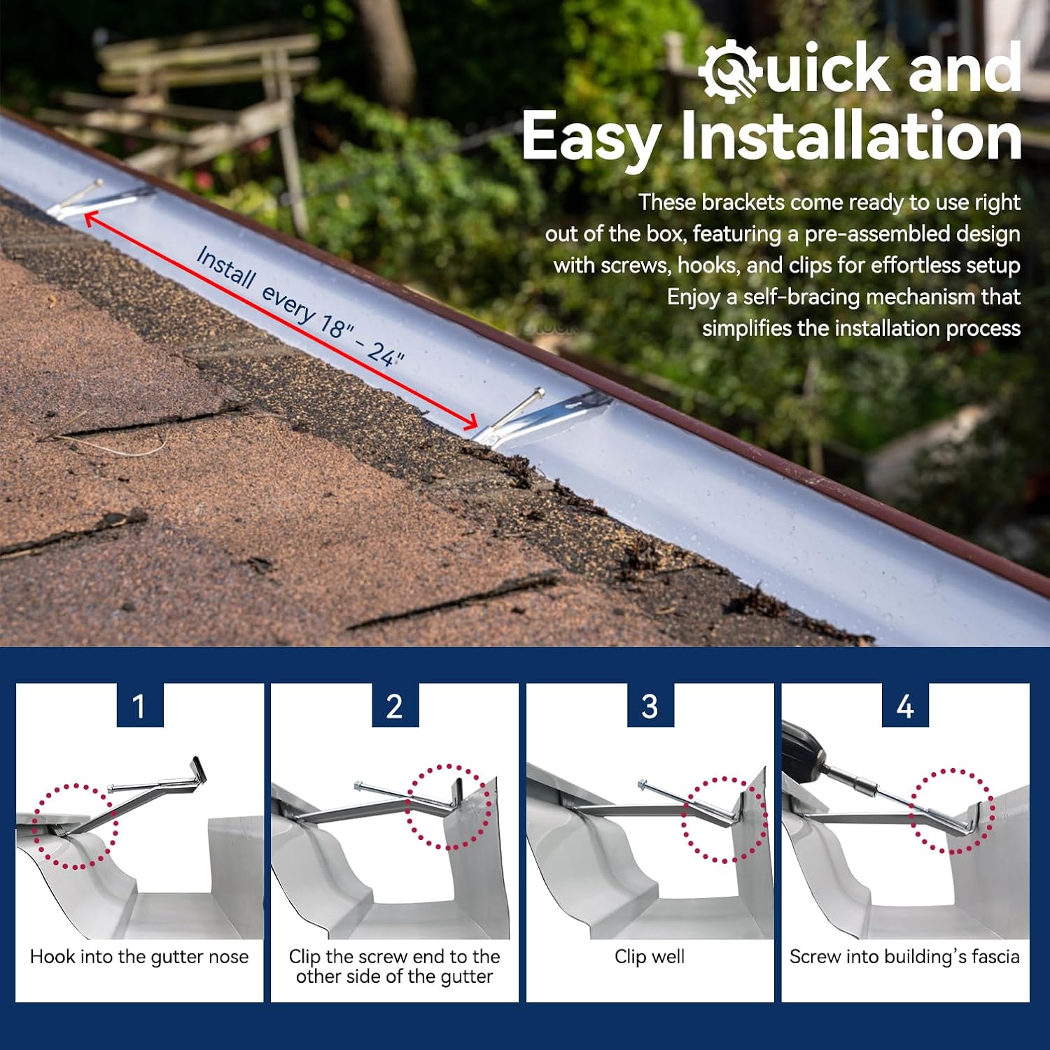 Gutter Hangers 5 inch - 10 Pack Gutter Brackets with Pre-Assembled Screw, Hidden Gutter Hangers for Repair Sagging