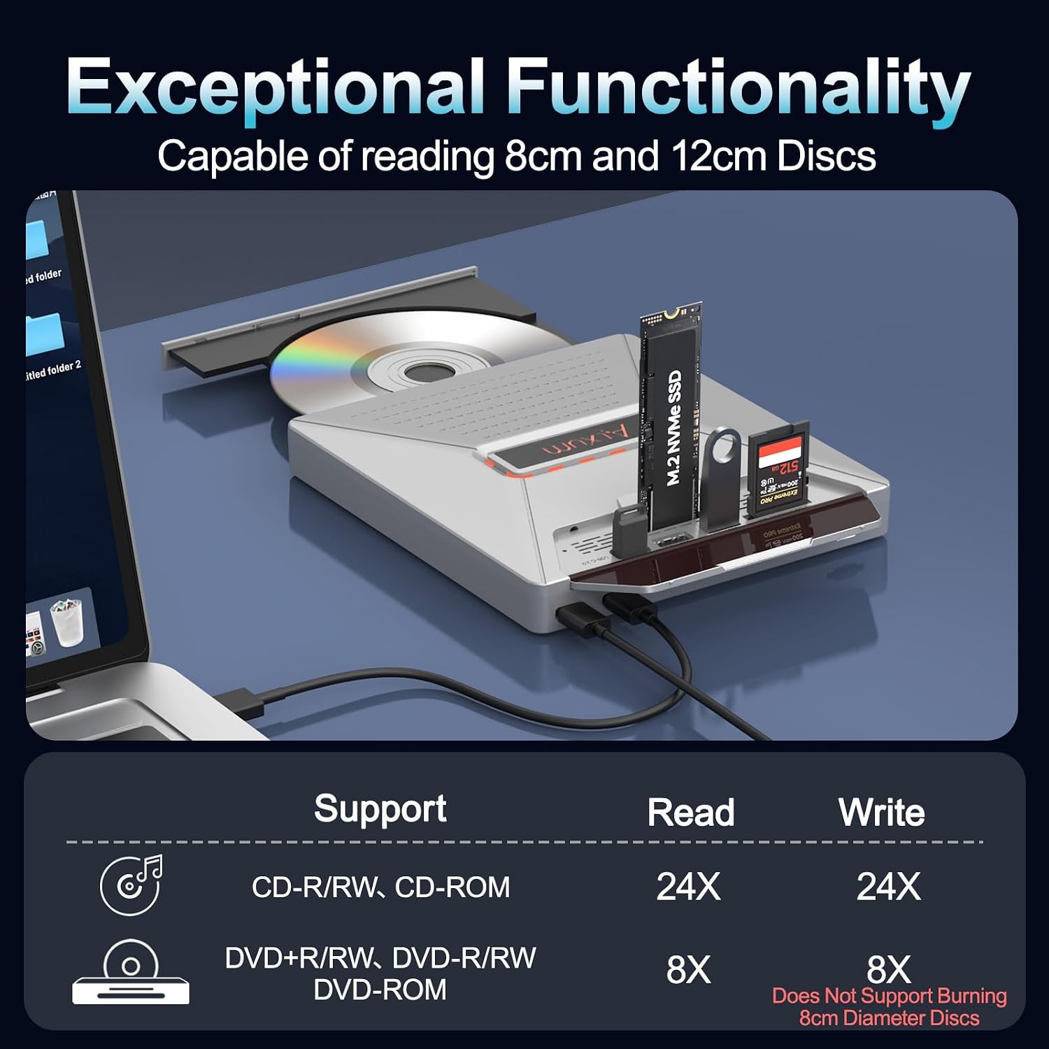 External CD DVD Drive for Laptop, 7 in 1 Disc Player Burner with M.2 | Portable External Optical Drive Reader with