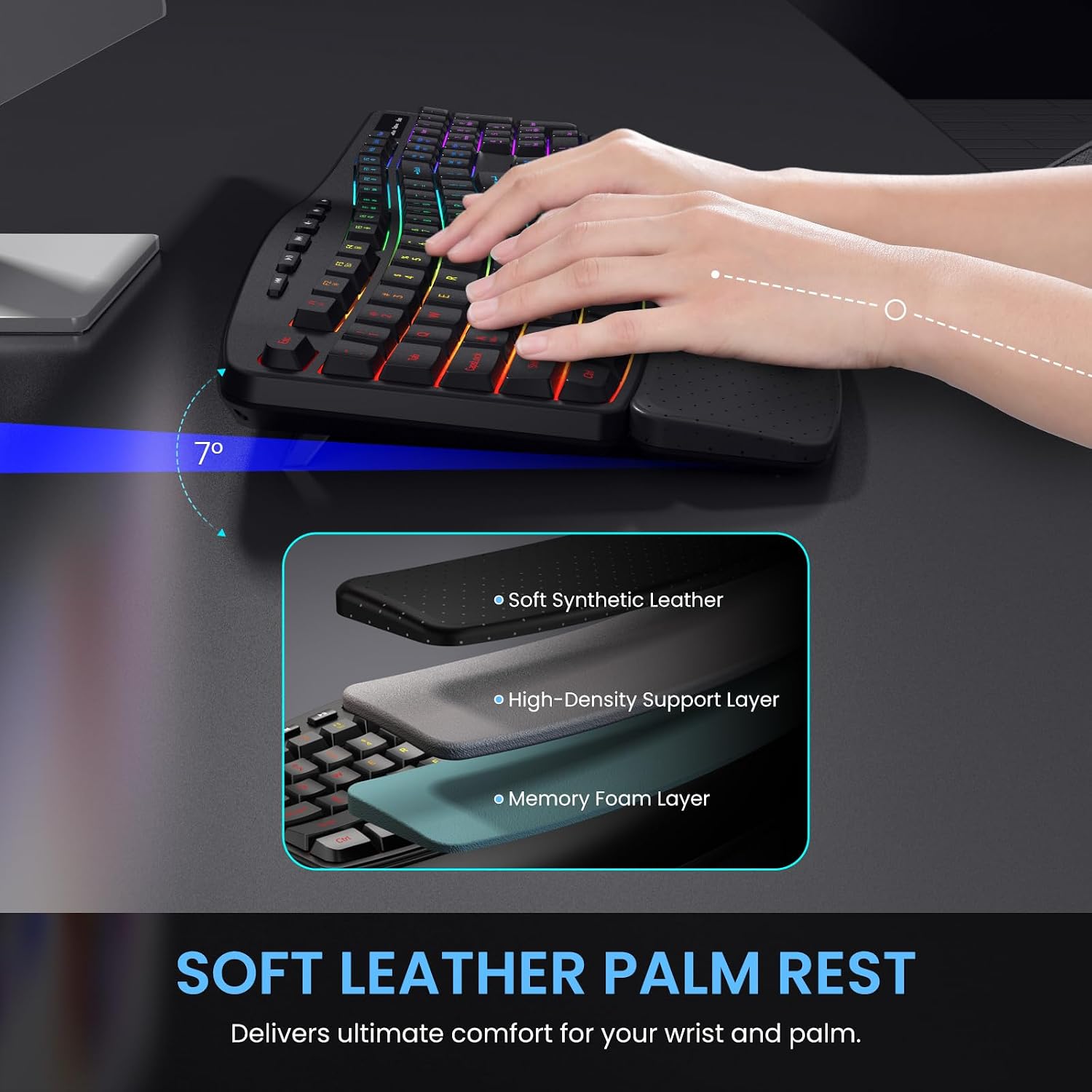 RGB Wireless Keyboard Mouse Combo with Ergonomic Wave, Silent Rechargeable | Soft Leather Wrist Rest, Light up