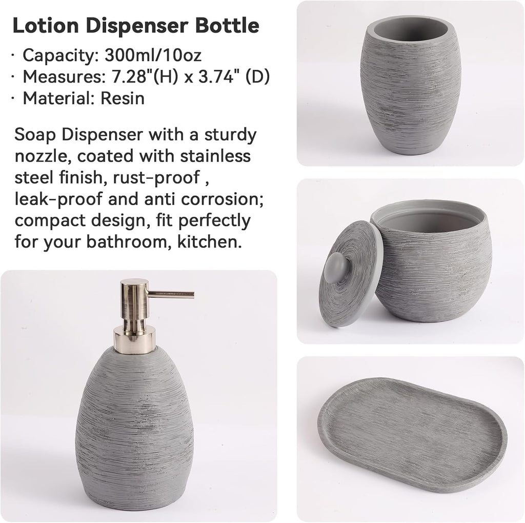 Modern Grey Bathroom Accessory Set,4 Pcs Luxury Bathroom Set | Resin Material,Includes Lotion Dispenser,Cotton Swab