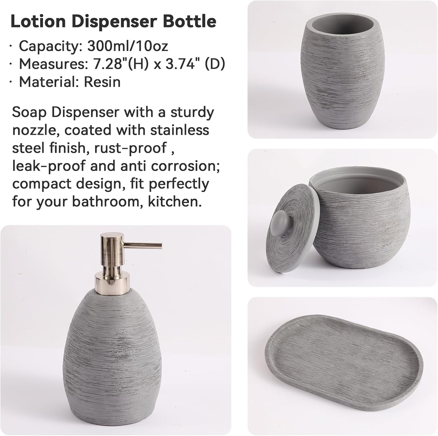 Modern Grey Bathroom Accessory Set,4 Pcs Luxury Bathroom Set | Resin Material,Includes Lotion Dispenser,Cotton Swab