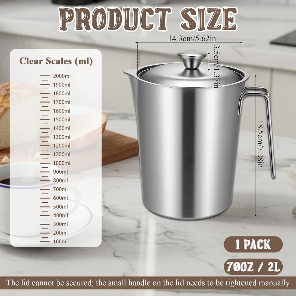 304 Stainless Steel Pitcher with Lid, 70 oz / 2L Measuring Cup