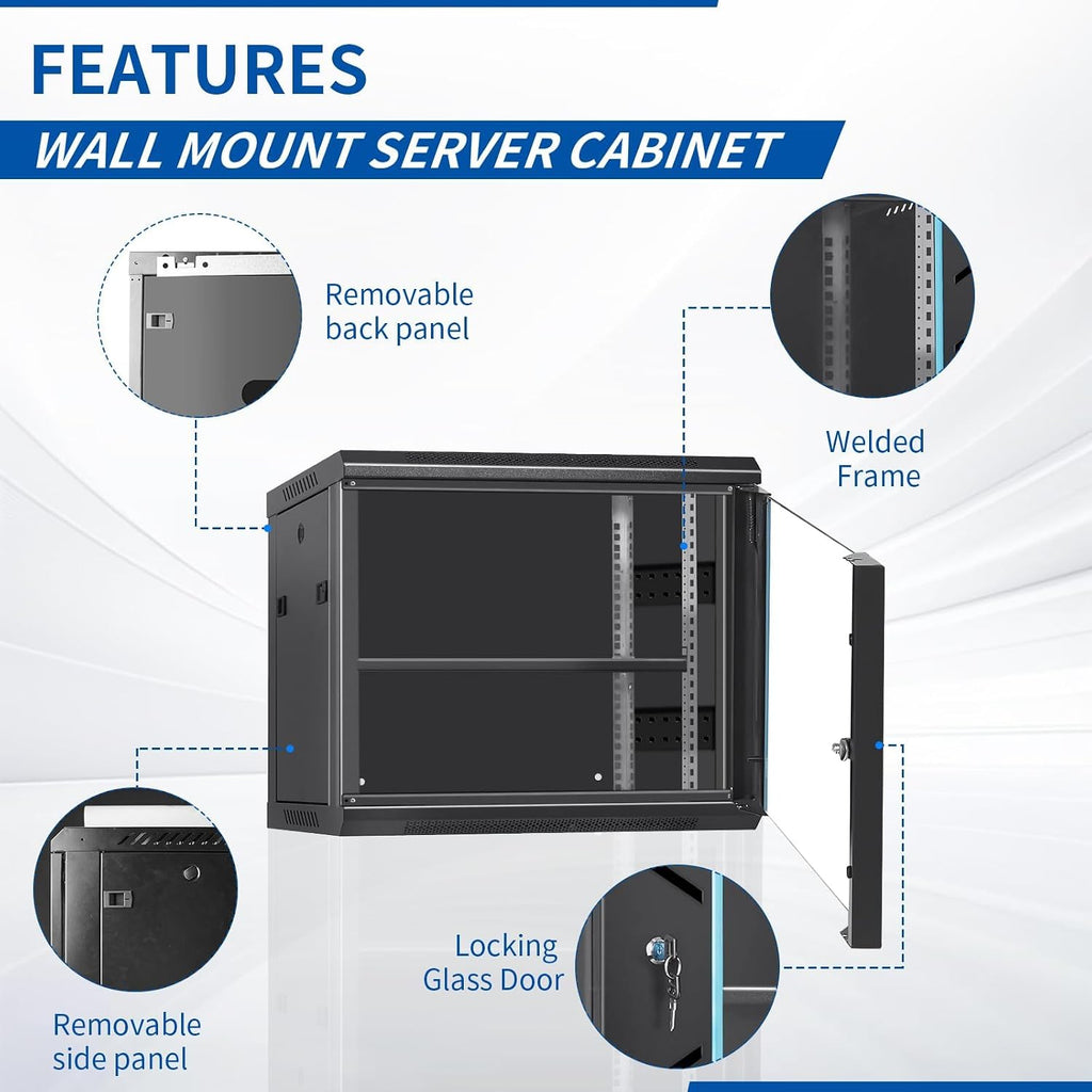 9U Wall Mount Server Cabinet with Lockable Door Heavy Duty IT Network Rack Enclosure for Data Centers & Network Equipment