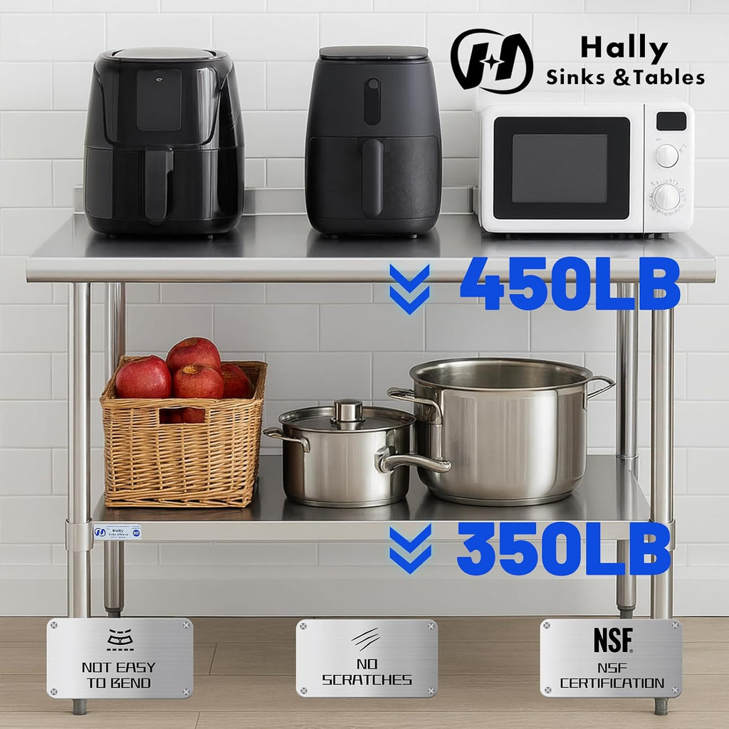 Hally Stainless Steel Table for Prep & Work 24" x 36" with Backsplash NSF