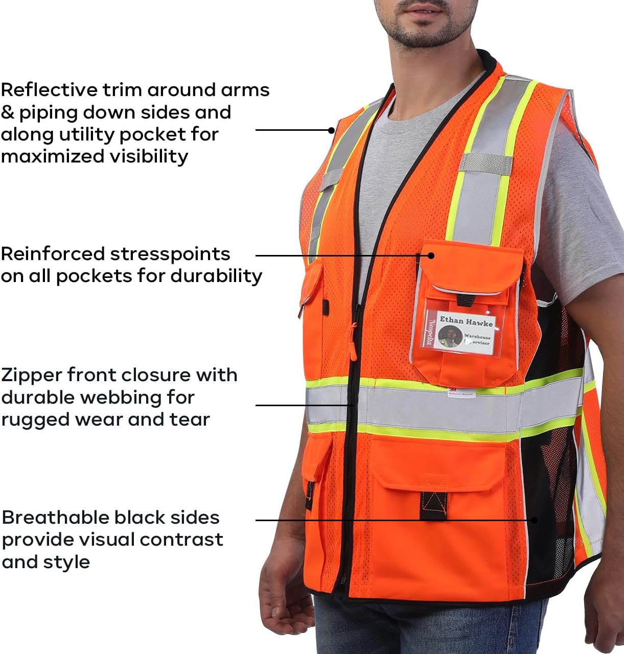 Heavy Duty ANSI Reflective Safety Vest with Pockets Orange Mesh XL | Made with 3M Reflective Tape, High Visibility