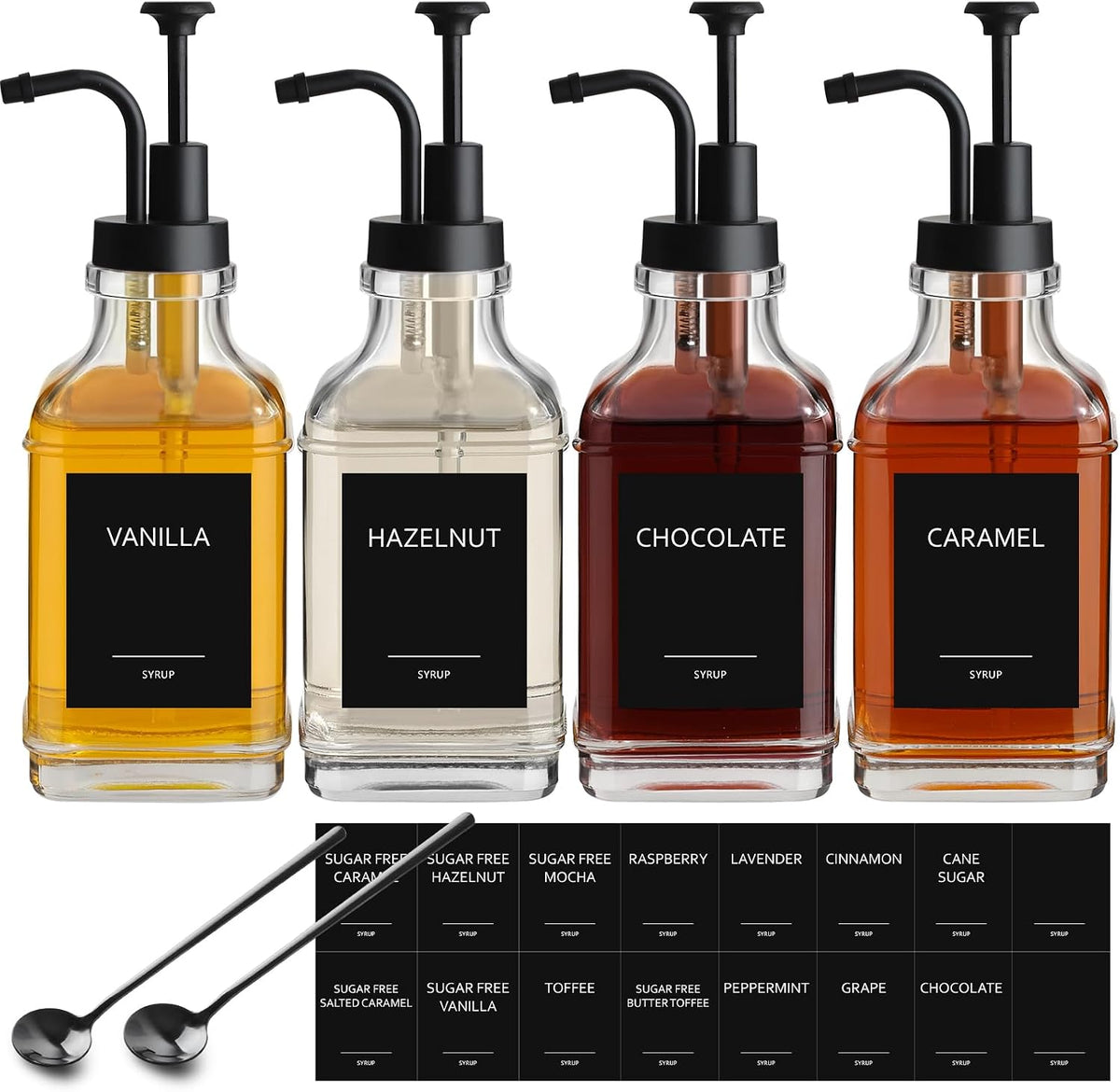 Coffee Syrup Dispenser, Coffee Bar Accessories 16.9 fl oz/500ml, Glass Syrup Dispenser with Pump Dispenser, Labels