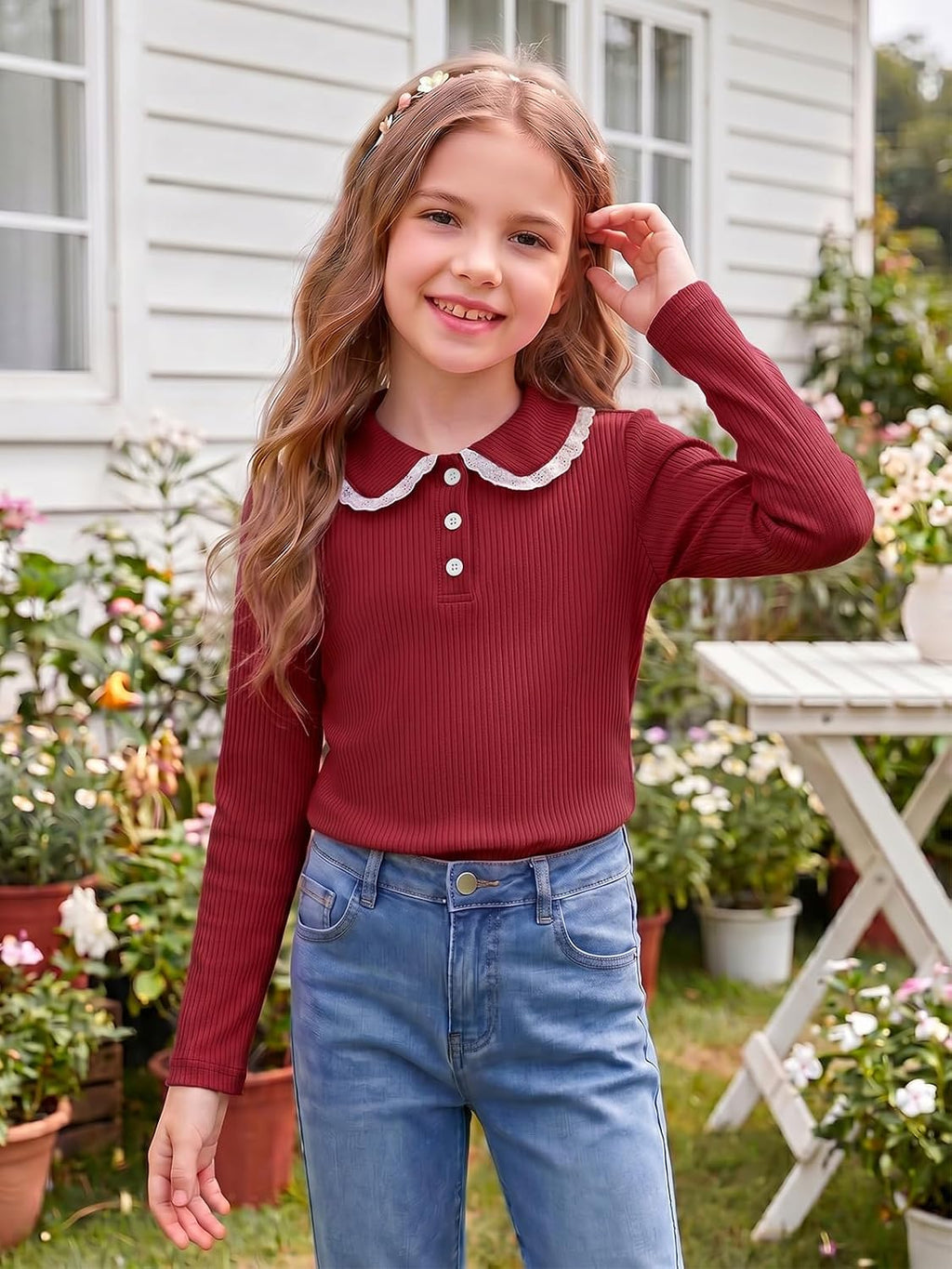 Girls Long Sleeve Polo Shirts Peter Pan Collar Knit Tops 5-14Y | Kids Ribbed Knit School Uniform Shirt, Cute Collared