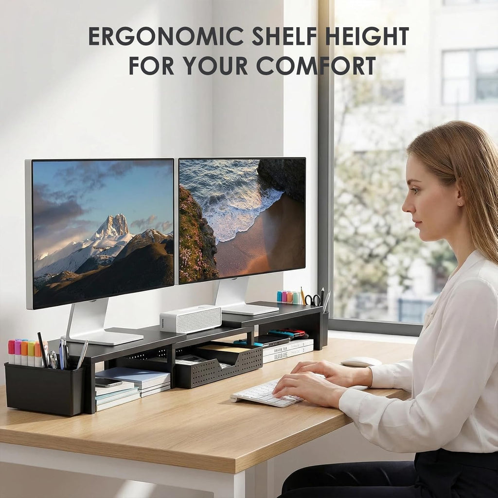 Desk Organizers and Accessories, Dual Monitor Stand Riser with Drawer and 2 Pen Holders, Desk Shelf Metal Computer