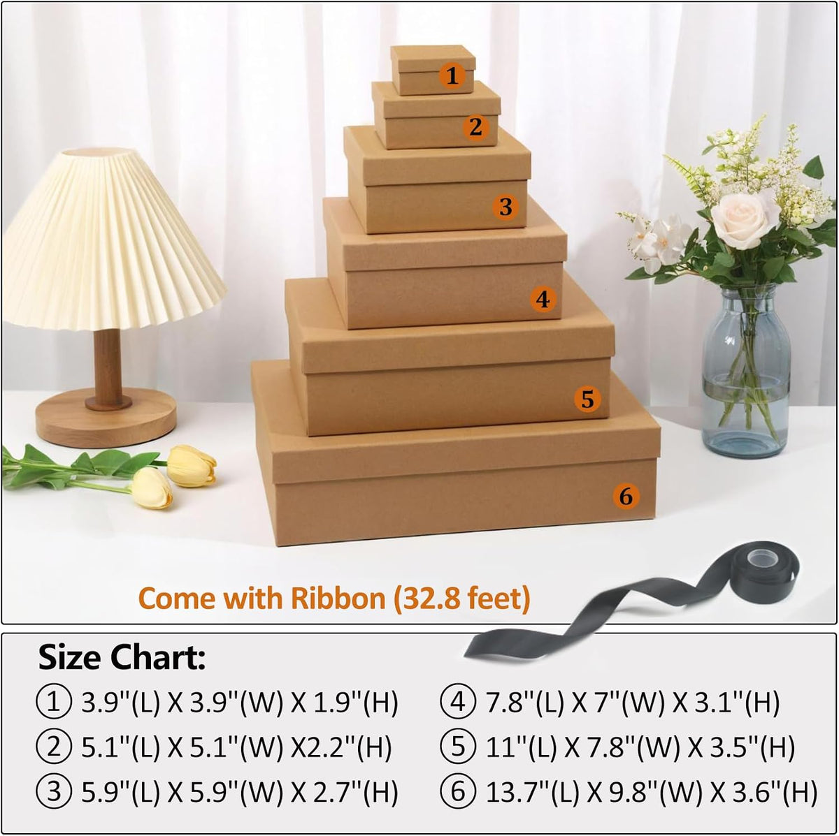 Gift boxes with lids, Natural and Rustic Kraft Gift Box for Present Wrapping, Set of 6 Sturdy Gift Wrap Boxes, Come