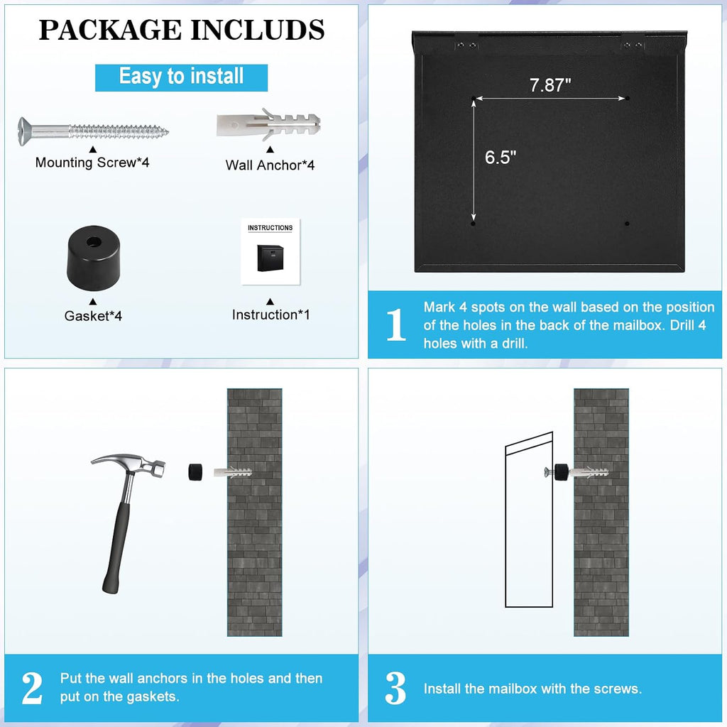 Mail Boxes with Combination Lock,Locking Mailbox Wall Mounted,Security Metal Mailbox Drop Box, Modern Large