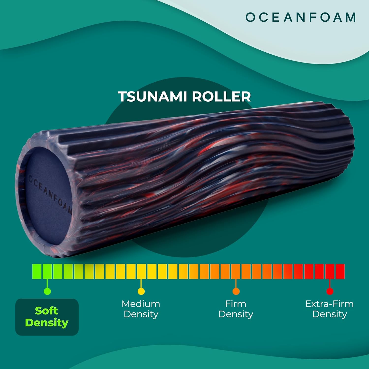 Tsunami Roller (Dark Navy, Red & Natural Marbled) - Extra-Large, 26" x 5.9" - Soft, Textured Foam Roller for Physical