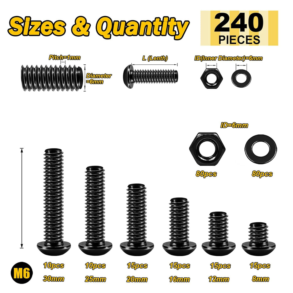 240 Pieces M6 Screw Nuts and Bolts Assortment Kit, 10.9 Grade Alloy Steel, Nuts and Bolts Button Head Socket Cap