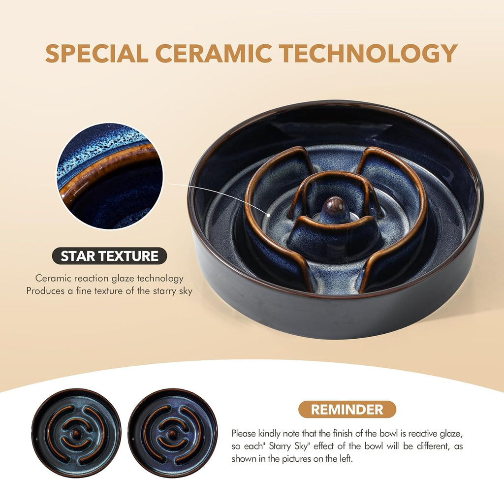 1.2 Cup Elevated Slow Feeder Dog Bowls, 7.3” Dog Slow Feeding Bowls + 6.1” Ceramic Dog Water Bowls Set with Acacia