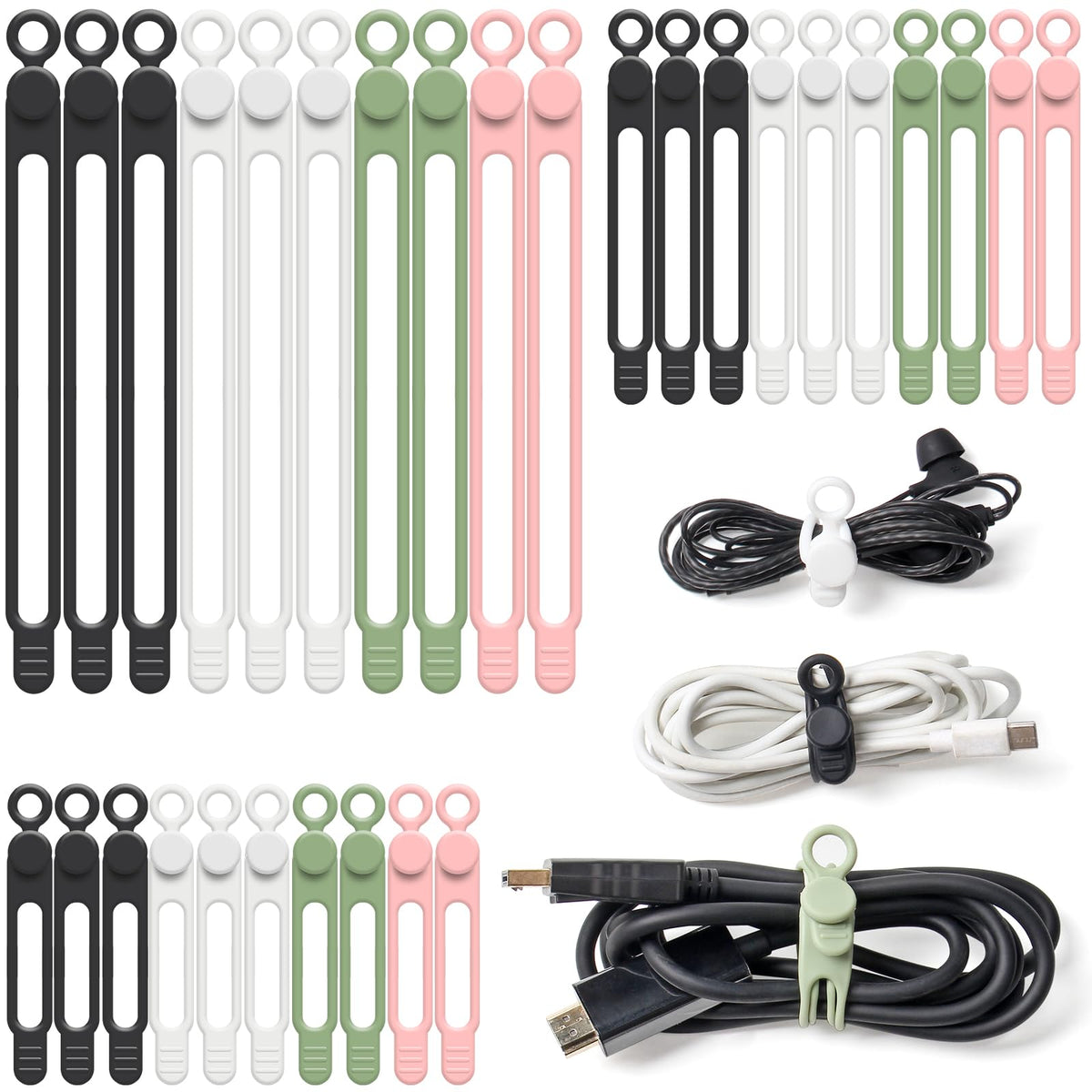 Silicone Cable Ties, 30Pcs Reusable Cord Ties in 3 Sizes for Various Cables