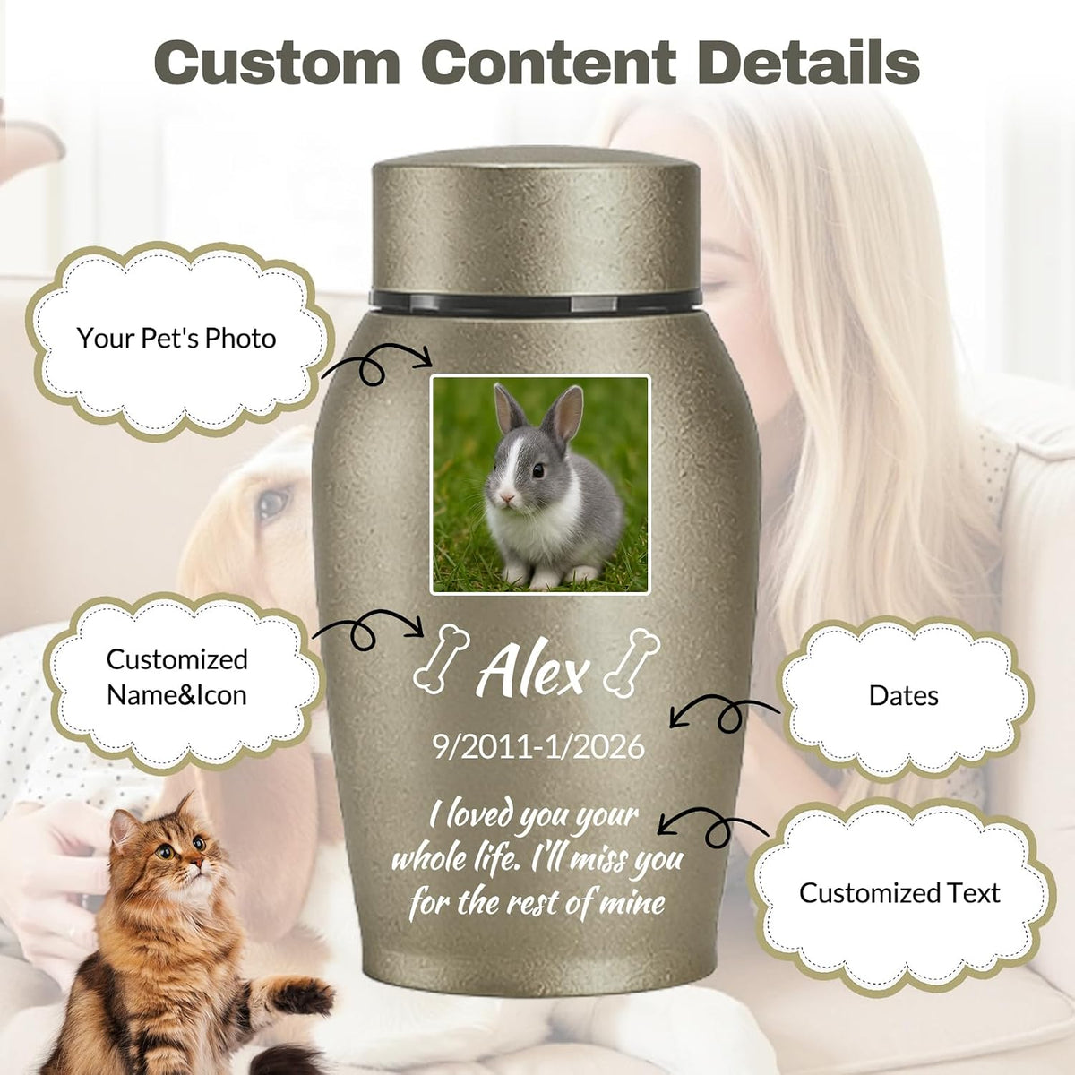 Personalized Pet Urns for Ashes - Custom Pet Photo Name Date for Cremation, Customized Pet Memorial Urn for Dog Cat