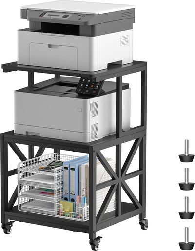 Printer Stand with Lockable Wheels, Heavy Duty Printer Table | 3-Tier Storage Shelf, Fit 2-3 Printers/3d/Heat