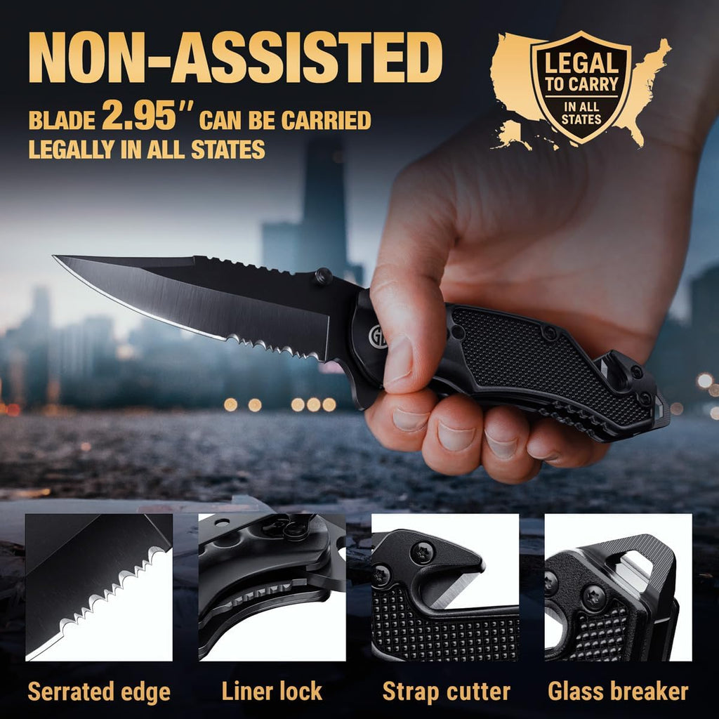 Legal Pocket Knife with 2.95” Serrated Blade, Glass Breaker, Seat Belt Cutter - EDC Sharp Folding Knives with