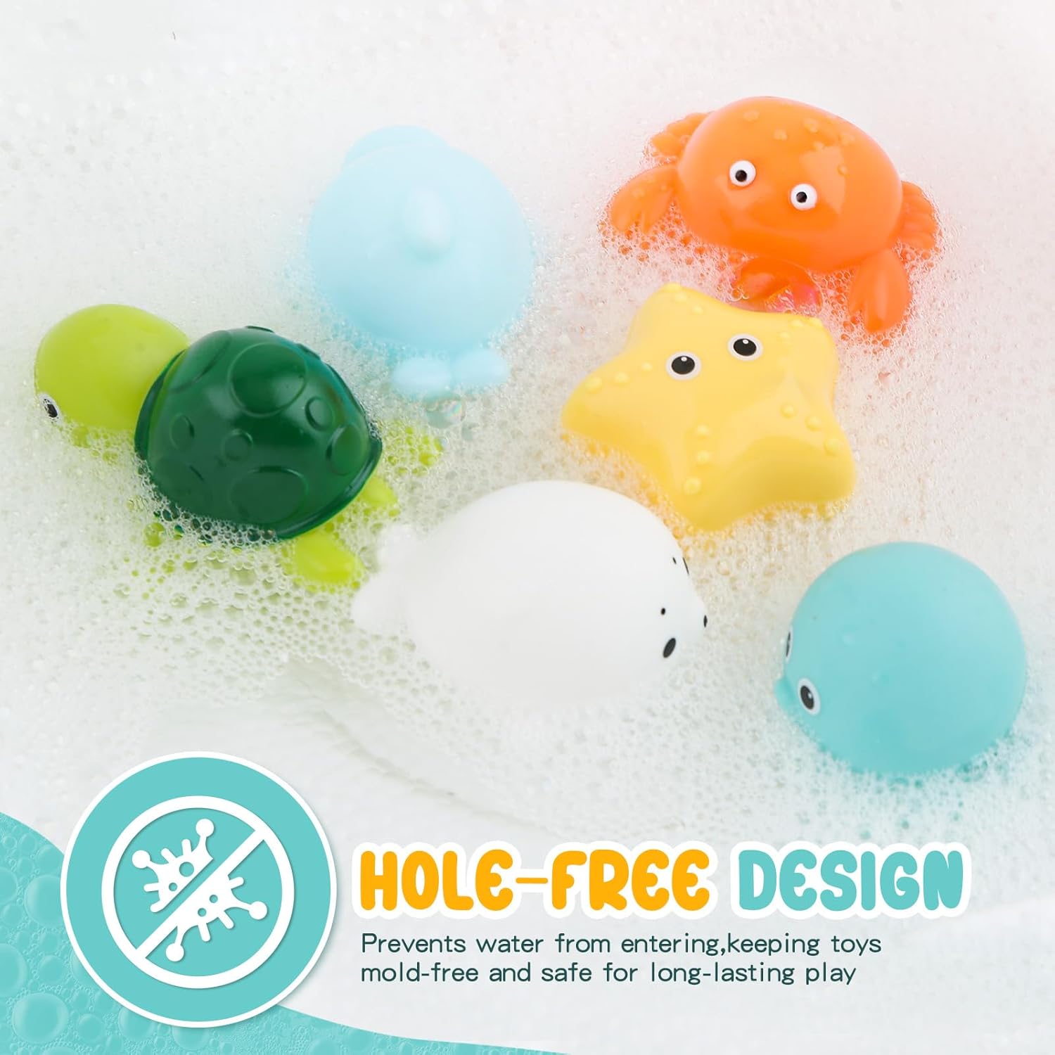 Bath Toys 6 Pack No Hole Baby Bathtub Toys Soft Squeezable & Float on Water Easy-Grip Toddler Bath Toy Set for Kids