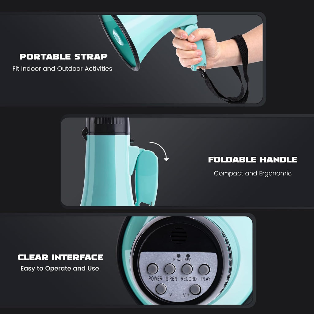 20W Megaphone Bullhorn, Built in Siren & 240s Recording, 5.4"×8.6" Portable Megaphone with Volume Control Cover Up to