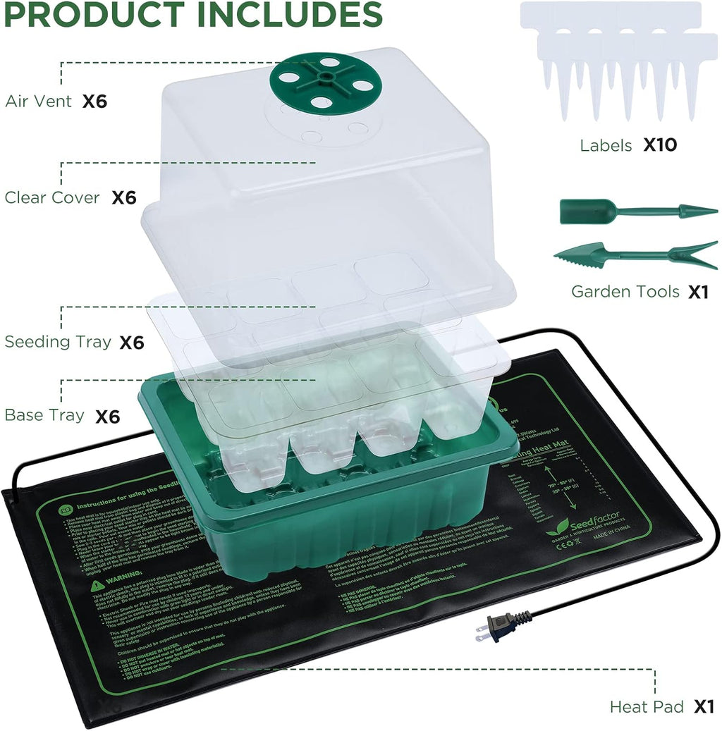 7-Pack Seed Starter Tray with Heat Mat (12 Cells per Tray), Plant Germination Trays with Adjustable Humidity Dome
