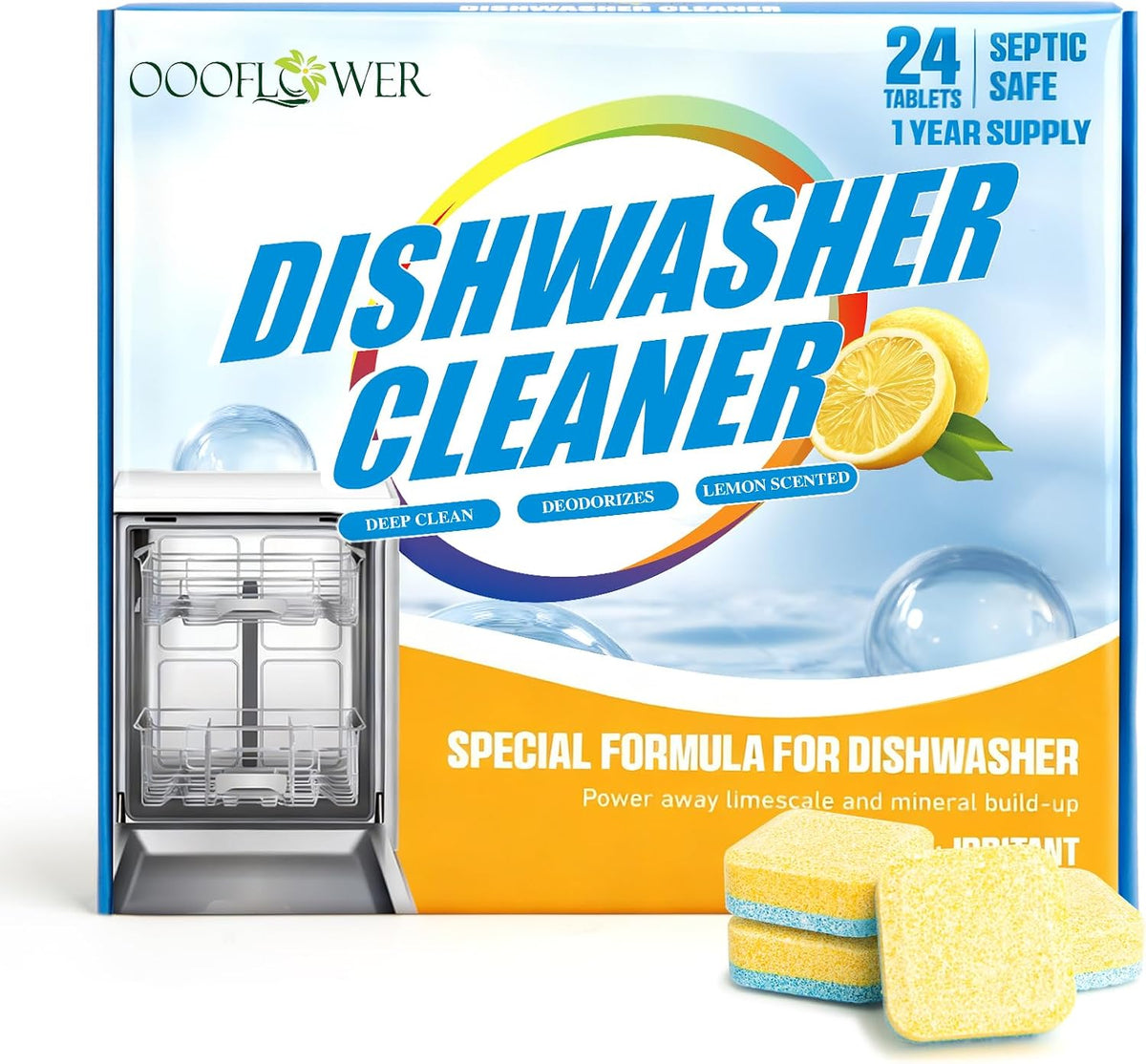Dishwasher Cleaner & Deep Deodorizer Cleaning Tablets 24 Tabs Lemon Scent