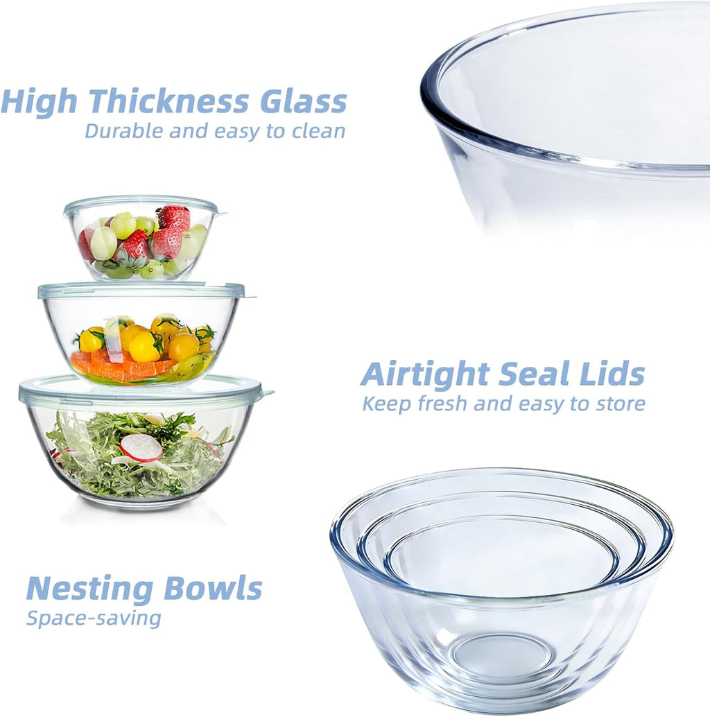 Glass Mixing Bowls Glass Bowls with Lids Set(4.5QT,2.7QT, 1.1QT),Large Salad Bowls,glass mixing bowl Space-Saving